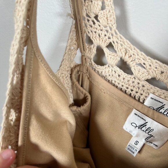 Milly Lizzy Crochet Dress Size Small Tan Lined Boho Vacation Resort Wear Cruise - Picture 6 of 9